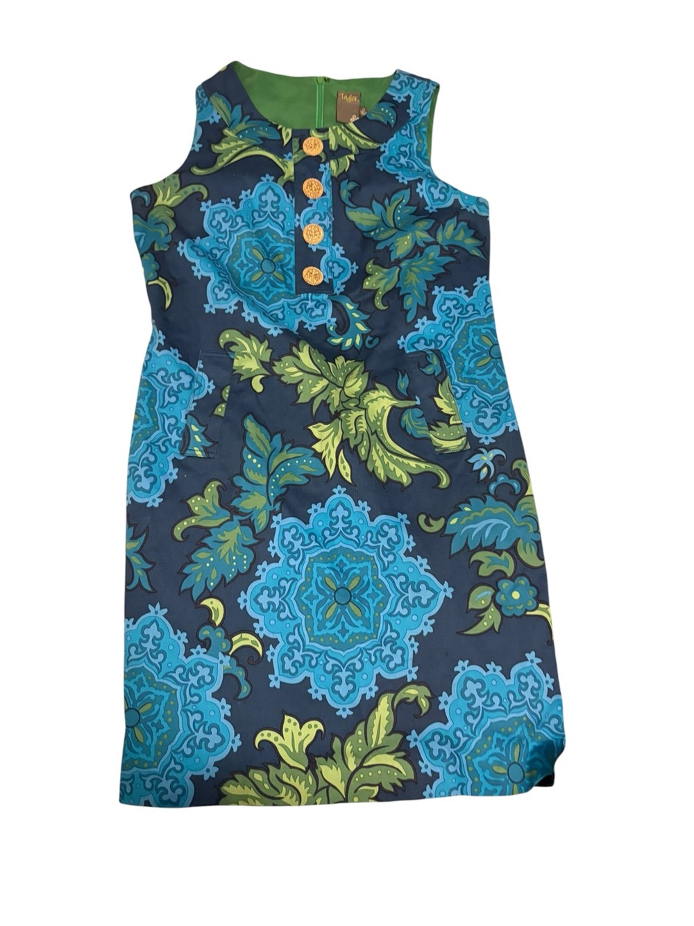 Taylor Blue Green Medallion Print Shift Dress Size 12 Sleeveless Pockets